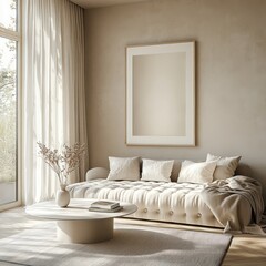 Minimalist Living Room Interior Mockup with Tufted Sofa and Coffee Table Design