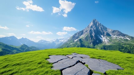 Scenic mountain landscape with grass and rocky foreground.