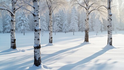 Peaceful Winter Birch Forest, Snow Covered Trees, Soft Light, Wide Angle Photography