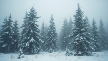 Enchanted Snowy Spruce Forest, Foggy Winter Wonderland in National Geographic Style