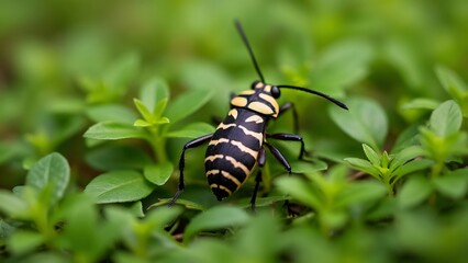 Striped Insect Macro Photography, Black and Brown Beetle on Green Grass, Aerial View