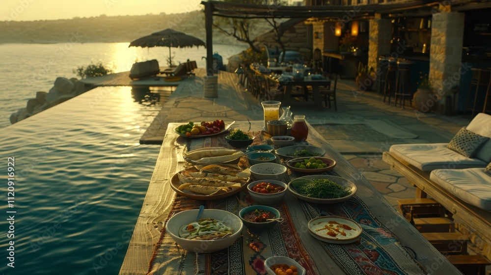 Wall mural Sunset Seaside Luxury Villa Meal Delicious Food by Infinity Pool