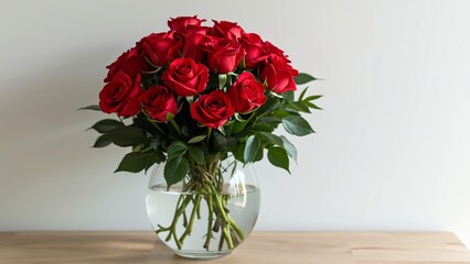 Fototapeta premium Stunning Bouquet of Red Roses in a Glass Vase on Wooden Table - High-Resolution Photo