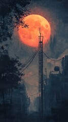 Fototapeta premium Red Moon over Cityscape: A Dark, Dreamlike Urban Landscape