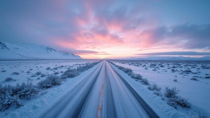 Panoramic Icelandic Winter Road, Pink & Blue Sky Sunrise, Snow-Covered Landscape, Wide-Angle View