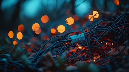 Tangled Fairy Lights Dark Background Autumn Leaves Bokeh Night