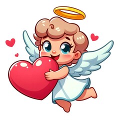 Cute cartoon angel in love with a heart in his hands. Clipart, cartoon mascot for Valentine's Day. AI generated.