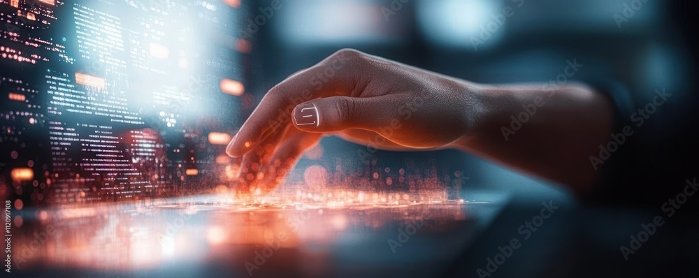 Poster futuristic digital workspace holographic data interaction software engineering technology