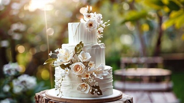 Elegant three tier wedding cake with white flowers and floral decoration, set in romantic outdoor garden, perfect for celebration and dessert under soft sunlight.