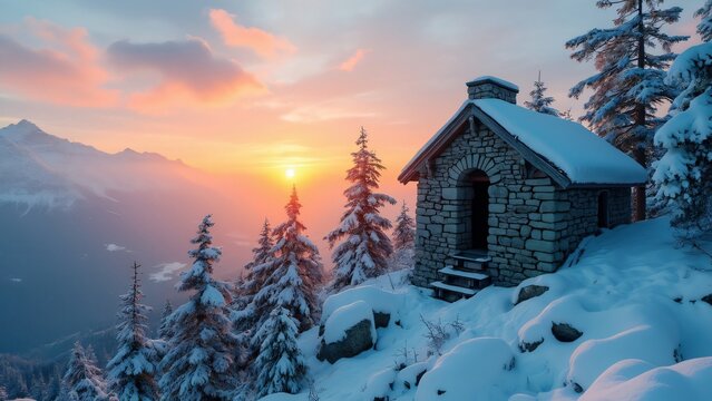 Serene Sunrise, Stone Hut in Snowy Mountain Landscape