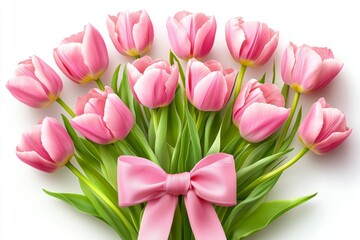 Obraz premium A vibrant bouquet of pink tulips tied with a decorative bow, symbolizing beauty and affection.