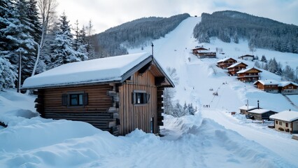Charming Wooden Cabin in Snowy Alps, Ski Slope View