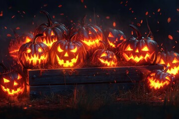 A vibrant display of carved jack-o'-lanterns glowing in a dark setting, creating a spooky Halloween atmosphere.