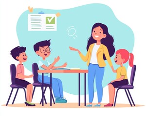 Obraz premium A young female teacher engages with four diverse students in a vibrant classroom setting, fostering learning and interaction.