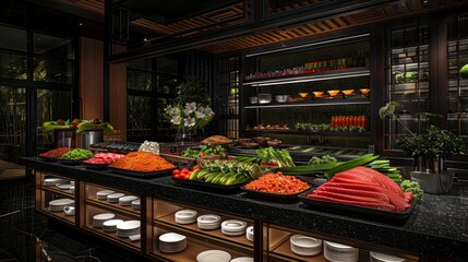 Elegant Restaurant Buffet Fresh Sushi Sashimi and Asian Cuisine