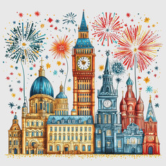 Fototapeta premium Colorful Festive Cityscape with Famous Architecture and Fireworks Celebration Night Illustration