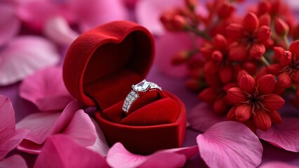 Romantic Valentine's Day Engagement Ring in Red Heart Box on Pink Rose Petals with Diamond Rings and Crimson Flowers
