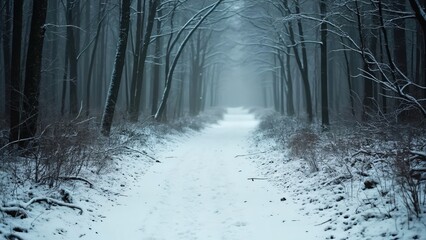 Enigmatic Snow-Covered Path, Eerie Winter Forest Trail, Mysterious Atmosphere, Snow-Blanketed Trees, Serene Yet Ominous Scene