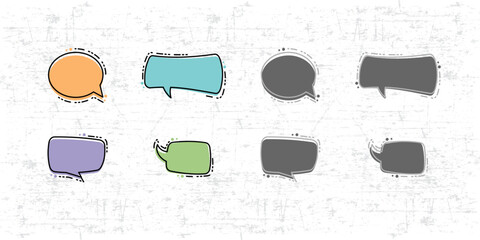 Colorful speech bubbles in various shapes and sizes, including rounded, rectangular, and irregular forms. solated editable clip art cartoon hand drawn elements