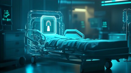 Futuristic Hospital Bed with Digital Security Lock Interface in a Sterile, Teal-Lit Room