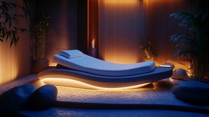 Future of Healing Beds, Modern Zen Quantum Healing Bed in Tranquil Setting
