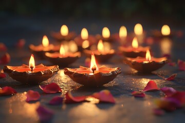 Beautifully lit oil lamps surrounded by vibrant petals create a serene and festive atmosphere.