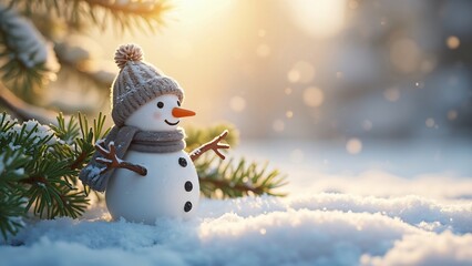Obraz premium Adorable Tiny Snowman Figurine in Snowy Winter Wonderland Scene