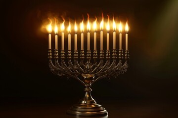 A beautifully lit menorah with flickering flames, symbolizing tradition and celebration.
