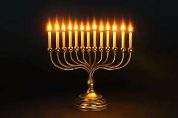 Golden menorah with 14 glowing candles against a dark background, symbolizing light and celebration.