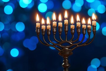Beautifully lit menorah with nine flames against a sparkling blue bokeh background.