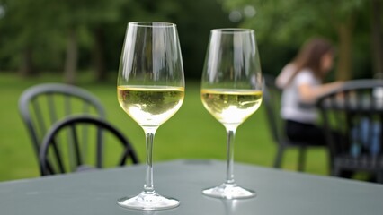 Two Glasses of White Wine on Outdoor Table with Green Grass Background,Relaxing Summer Scene