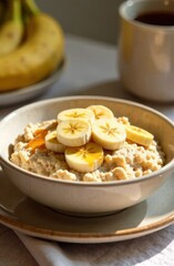 A hearty bowl of oatmeal features sliced bananas and a drizzle of honey, with coffee and bananas in the background