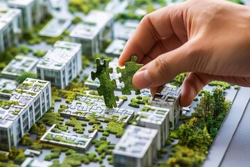 Fototapeta premium A female hand places a puzzle piece into an intricate green cityscape model, symbolizing urban development and sustainability.