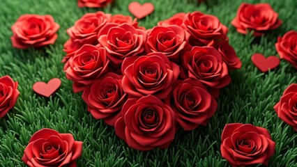 Obraz premium 3D Heart of Red Roses on Green Grass, Valentine's Day Romantic Close-up