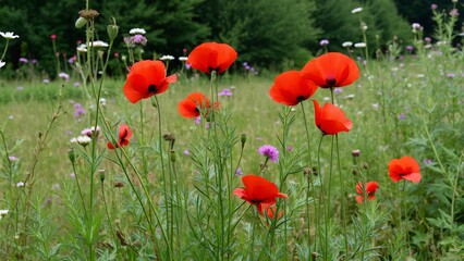 Obraz premium Vibrant Red Poppies in a Summer Wildflower Meadow, Lush Green Trees Background