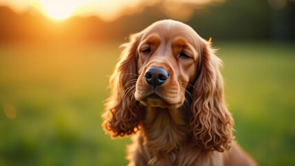 Golden Hour Portrait, Serene American Cocker Spaniel Dog in Sunset Meadow