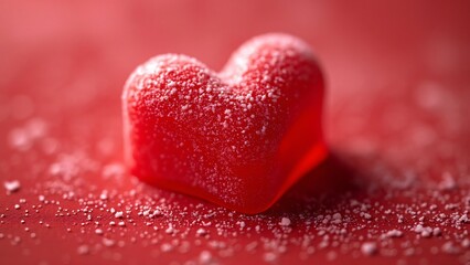 Fototapeta premium Close-up of Red Sugar-Dusted Heart-Shaped Candy on Red Background - Valentine's Day Sweet Treat