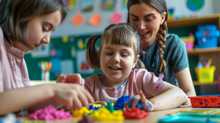 Obraz premium Teacher near a preschooler girl and a disabled child with Down syndrome molding plasticine in a private kindergarten.