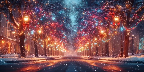 Obraz premium Magical Snowy Christmas Street Scene with Festive Lights
