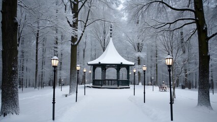 Snowy Winter Park Scene, Gazebo, Lanterns, and Snow-Covered Trees
