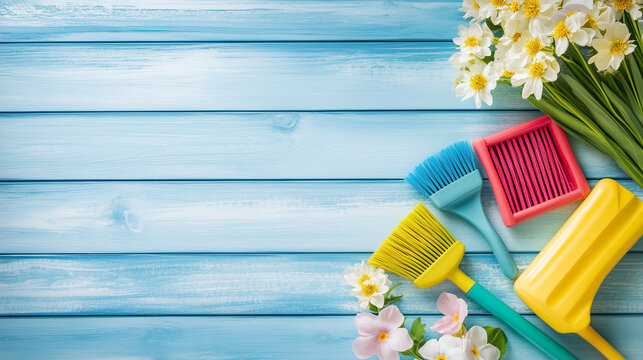 Colorful spring cleaning tools and flowers on wooden background
