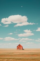 House on green field with blue sky and clouds. Real estate concept