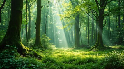 Fototapeta premium Lush Spring Forest, Sunbeams in Mossy Woods Clearing