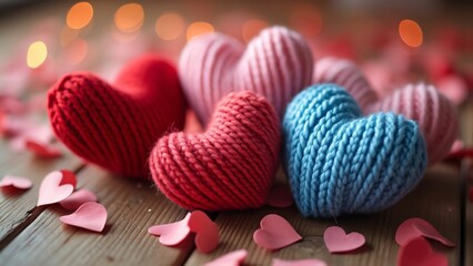 Obraz premium Knitted Hearts Valentine's Day, Romantic Red, Pink, and Blue Yarn Hearts on Wooden Table with Paper Petals
