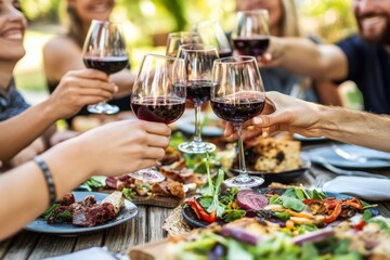 A joyful gathering of friends enjoying red wine and delicious food outdoors, celebrating friendship and good times.