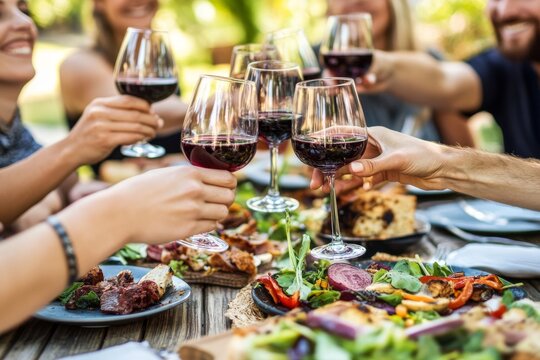 A joyful gathering of friends enjoying red wine and delicious food outdoors, celebrating friendship and good times.