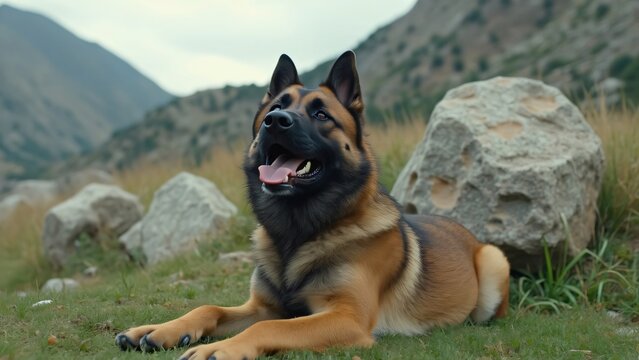 Cinematic Film Photo of Armenian Gampr Dog Resting on Grass, Mountains Background