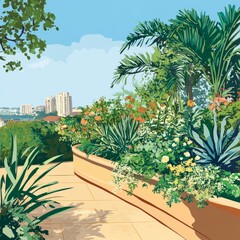 Fototapeta premium Vibrant garden scene with lush tropical plants, flowers, and a scenic city view in the background.