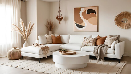 cozy modern living room, neutral tones, large white sectional sofa, abstract art, earthy decor, warm lighting,