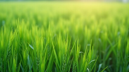 Obraz premium Vibrant Green Rice Paddy Field Background, Lush Grass, Natural Texture, Perfect for Food & Landscape Photography